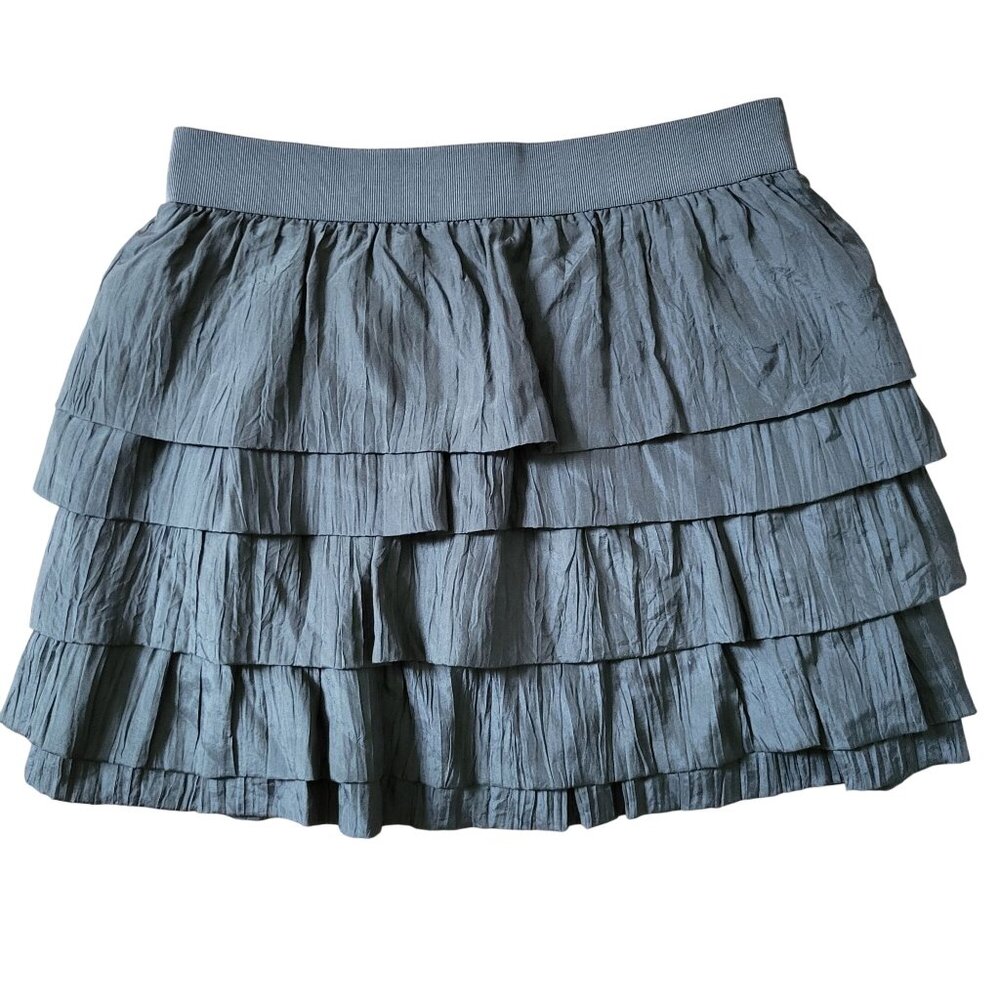 J Crew 4‎ Green Tiered Ruffle Silk Skirt Size 4 HABOTAI Crinkle